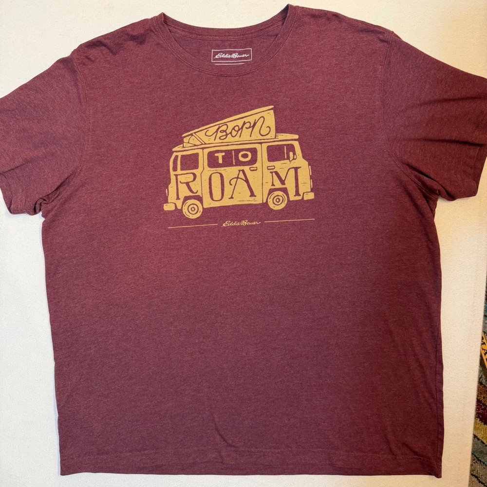 Eddie Bauer Mens XL Born To Roam Graphic Tee Burgundy Heather Camper Van T-Shirt